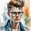 Placeholder: watercolour, large strokes, stylistic, portrait, illustration, dull colours, young, 20-something male, has a certain aura of confidence,sharp facial features, slick angular glasses.