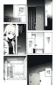 Placeholder: blonde girl with short jacket and shorts runs in a corridor in front at a mystery door, back view, manga page, grayscale