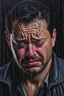 Placeholder: a man crying in rain oil painting