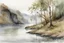 Placeholder: River scene by grey cliffs and trees in wet watercolour