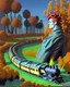 Placeholder: Created with Bing / Dall-E 3 option, using variations of the prompt below. ♨️ Prompt: (((Magritte, Klimt, Miró effect))). Monolithic man, Blue/yellow checkered suit, black hat, red hair, sitting on a grassy mound. Steam locomotive approaching a red brick tunnel under the mound. Surreal helix trees with green/orange foliage. Metallic blue crooked dwellings with cracked glaze and smoking stacks. A dark blue sky with flying birds and snow-capped mountains. Ultra Detailed, 3D, 16K. Modern Surrealism
