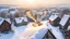 Placeholder: angel's view barn owl seen from the back from the top view flying over a winter small village, snowy landscape, little light, sunrise, some small Hungarian old country houses from above, perspective, high detailed, sharp focuses, photorealistic, cinematic