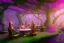 Placeholder: Immersive​ fantasy elven coffee shop in the deep forest green tree pink flower blossom river 4k full hd