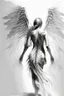 Placeholder: full body woman angel from back, angel wings rip through her skin, bun haired angel wearing long tunic ultra realistic drawing