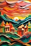 Placeholder: paper art, the scream style, colors of a storm of emotions and especially fuuz peach, sunset in fuzz peach colors, above rural houses in an old European style atmosphere, colors of a storm of emotions and especially fuuz peach. cubism style