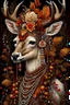 Placeholder: Beautiful deer portrait I amazing ly detailed textured botanical fur and textured skin adorned with berries, autumn ginger and orange leaves and white camelia flower, and copper beads and pearls rococ style headress, wearing humanoid rococo floral detailed ornate lace style costume organic bio spinal ribbed detail of moonlight background extremely detailed hyperrealistic maximálist concept art