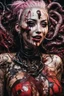 Placeholder: Tank girl, lying pose, his skin turned translucent revealing a network of black veins that extended like roots beneath her epidermis,smiling meanwhile many worms streaming from his mouth, latex suit, highly detailed, fullbody, splashes blood, behind guts rising from the ground, macro photography by <Junji Ito>, darkred tones,