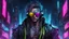 Placeholder: male cyberpunk solo with long hair, korean, Wearing Urban Gang Flash and mirrored dark sunglasses, headaphone, strong cyber warrior, black tatoo, attrakvtive man, Retroanime, rembradt lighting, neon complementary colors, dark vibe, scifi