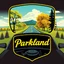 Placeholder: design for a shop that does oil changes, top has elements of beautiful park highway drive on flat land with elm and poplar trees, bottom shows the engine under car hood. on windshield is written "Parkland", all inside a shield shape with squared top and rounded bottom, in the style of national parks stickers