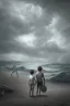 Placeholder: desaturated oil painting of boy next to man sleeping on beach, old clothes, dark storm clouds overhead, gloomy, bleak, little fires