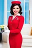 Placeholder: pin-up style 50 year old brunette stewardess smiling invitingly with very red lips and long eyelashes