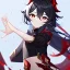 Placeholder: Genshin woman, Clear Focus High resolution, Calm Background, Light skinned woman, Black long beatiful hair, Red sparkling eyes, Red Horns, Black crop top