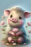 Placeholder: dorable cute happy baby scottish highland pig with dreamy eyes, sitting down and holding a flower, nursery art, very rendered polished Perfect, smooth edges, flawless Facial Features, Stunning, Whimsical Fantasy, Cute, Highly Detailed, Well Rendered, cartoon, illustration