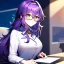 Placeholder: Clear focus, 8k, high quality, detailed, beautiful lighting, girl, vibrant colors, purple long hair, vibrant golden eyes, office clothes, glasses, messy hair, sitting,