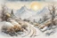 Placeholder: landscape with a path with bushes and trees, in the background picturesque mountains, winter scene with snow and sun, line art, and watercolor, by Anton Pieck, by Otto Riet, by Hugo Pratt, flowers, clouds, watercolor, drawing, pen, [ink color], colored, intricate detailed Modifiers: highly detailed digital painting ultra reallistic fantasy very attractive beautiful award winning photograph 4K 3D colourful