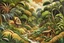 Placeholder: A tan rainforest with tribal huts painted by Thomas Hart Benton