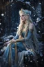 Placeholder: Elven princess,elven crown,long blonde golden hair,rapunzel hair,ice flowers,beautiful,light blue,dark blue,golden armor,sparkle,glitter,ice flowers,snow,elven ears,dark fairy princess