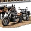 Placeholder: a new harley davidson pan america 1250 motorcycle, next to a new Indian Springfield Dark Horse bagger motorcycle. next to a horse who's facing away and tied by the reins to a wood railing. white background. dirt ground. silkscreen style image