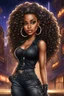 Placeholder: Create a digital airbrush cartoon of an African American female wearing a black jean outfit with timberland boots. Prominent make up with hazel eyes. She is wearing large diamond hoop earrings. Extremely highly detailed very long curly hair that shines. Background of a night club.