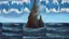 Placeholder: a thick hollow twisting tree trunk rises out of the raging sea, a whirlpool inside the base of center of the ocean inside the hollow part of the trunk, masterpiece, painting style, realism