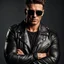 Placeholder: Handsome and muscular Biker wearing a leather jacket and dark sunglasses standing with his arms folded