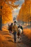 Placeholder: Fascinating, ultra-realistic nature in the photo. Golden autumn. A 32-year-old Russian man in the clothes of a 19th-century landowner in Russia walks along the path with his head raised to the sky, a smile on his face. He is FOLLOWED by a cart drawn by three horses with a coachman. In the background is the Russian estate of a 19th-century nobleman.