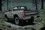 Placeholder: pickup truck, rear, forest, comic book,post-apocalypse, gray background, night time,