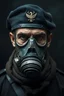 Placeholder: Mutant military officer of German origin with damaged skin and body, about 30 years old with a black beret, a scarf falling from the shoulders and an apocalyptic gasmask hiding his whole face, he looks like he mutated into a hybride. all on a dark background