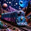 Placeholder: Detailed train, landscape made of modeling clay, train, stars and planets, Tim Burton, strong texture, extreme detail, Max Ernst, decal, rich moody colors, sparkles, bokeh, odd