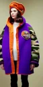 Placeholder: Brunette she. average body type. big head. Mantle is sewed of upcycled Denim and sewed together of camouflage pieces. Pieces' color are orange, cream and purple. It is with big bright purple felt tippet and cream-colored-hood. mantle is merged with satchel. . Big AKG-style headphones (gold rings!) is merged with small felt cap with small visor. Style: Haute Couture in 1910's, Paris fashion in 1998, inspired by street art. Cream latex gaiter. Her head and rest body!