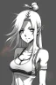 Placeholder: slim girl in bikini with blonde hair and two pigtails, manga style, cool pose, greyscale