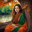 Placeholder: Hyper Realistic Photographic-View of a Beautiful Young Pashto Woman with beautiful eyes & beautiful brown hair wearing Brown Dress with orange embroidery & dark-green-shawl sitting under a thick dense old tree with leaved falling riverside at beautiful day showing dramatic & cinematic ambiance.