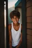 Placeholder: 15 year old young boy with lightly tanned skin and brown hair wearing a teeshirt, standing by a door, smiling, 4k