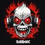 Placeholder: Futuristic block text "SARDONIC HARMONY" in minimalist logo for a rock band inspired by the styles of Ed Big Daddy Roth, graffiti art. sinister, evil marshmallow head caricature with headphones breathing red flames. The background is dark.