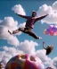 Placeholder: Ultra realistic clouds sky scene, wide angle, sweet childs falling down, man playing guitar, inflatable color clothing, free jumping flying, many trinkets, monster hair, hair monster, many jelly beans, balls, smile, happy, circus style, extreme, wind, clouds sea, 20,000 feet altitude, stratosphere, soft color, highly detailed, unreal engine 5, ray tracing, RTX, lumen lighting, ultra detail, volumetric lighting, 3d, finely drawn, high definition, high resolution.