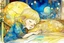 Placeholder: a cute little girl with blonde hair sleeping in an elegant bedroom, tiffany painted lamp lit in the background, S<AI in moonshine. Pastel melting watercolour and black ink outlines on wet paper, shading colors, light strokes. cracked holographic marble background, the cracks are golden