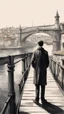 Placeholder: a man standing on Porto bridge, bucsh painting drawing style