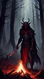 Placeholder: dark fantasy, imp, branding spear, ominous atmosphere, sparkles, red eyes, forest campfire scenario