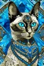 Placeholder: mesmerizing cinematic illustration of a regal sphinx-like Siamese cat, portrayed with masterful technique using a palette knife. The cat's captivating blue eyes hold a sense of enigma, while its lustrous silver and jewel-toned coat adds an air of elegance and sophistication. The intricate detailing of the cat's scales evokes the style of Gustav Klimt, and the pristine white background provides a striking contrast, enhancing the cat's beauty, power, and mystique. The painting's movement and depth