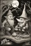 Placeholder: a gnome and a goblin eating in front of a fish fire with figure with fox mask behind, riverbank, night, moonlight,