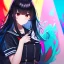 Placeholder: Clear focus, High resolution, long black fluffy hair, red eyes, chopped bangs, wearing a sailor uniform, wearing a sailor skirt, colorful, hollywood, female, human, mortal, thin legs, no outlines, extreme close up