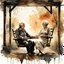 Placeholder: old husband and wife sitting on a porch swing holding hands, rustic cozy country house, wooden "WELCOME" sign, impressionism, watercolor painting, rough long brush strokes, dark background, ink splatter, depiction of light in in its changing qualities, romantic, nostalgic, by Claude Monet and Bill Jacklin, dynamic diagonal composition, by Russ Mills, warm colors