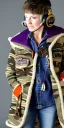 Placeholder: Image shows wholly a Brunette. average body type. Mantle is sewed of recycled Denim and sewed together of camouflage pieces. Camouflage colors are orange,terracotta, cream and purple. Cream latex gaiter. Big bright purple/khaki felt tippet and cream or blue or lilac colored-hood. mantle is merged with satchel. . AKG-style headphones (gold rings!) is merged with small felt cap with small visor. Style: Haute Couture in 1936, Paris fashion in 2023, inspired by street art.