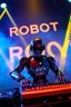 Placeholder: a Robot DJ synth player, he is called "ROBOT ROY" performing at dance club, his name is "ROBOT ROY" , yellow and blue Neon lights and smog, an earth is projected in background, and "Robot Roy" big sign on the wall, he is playing on synthesizers on stage with lot of laser beams and wearing black sunglasses,