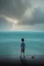 Placeholder: young boy looking out to sea with another man laying down behind him, dark storm clouds overhead, lightning, shopping trolley on side, dusk. From the novel the road.