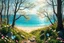 Placeholder: enchanted forest in spring with bright little flowers and little gems and crystals with a crystalline sea and beach