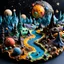 Placeholder: Detailed creepy landscape made of cake-frosting and modeling clay, stars and planets, Amano, Roger Dean l, strong texture, Ernst Haekel, extreme detail, intricate, colours, Max Ernst, decal, rich moody colors, sparkles, bokeh, odd