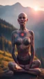 Placeholder: spray paint, body with dark outline, portrait of bald witch as yoga Vampire with psychedelic tattoos in carpathians montains sun set ,bokeh like f/0.8, tilt-shift lens 8k, high detail, smooth render, down-light, unreal engine, prize winning