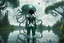 Placeholder: A skinny woman with a black bob hairstyle, in a green and silver robotic suit, standing, looking out over a lake, in an alien forest, with tall narrow cloud trees, with flying dandelion heads with octopus tentacles