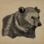 Placeholder: sideview of bear head, 70s comics style, block print with indigo ink on creamy paper texture, strong contrast